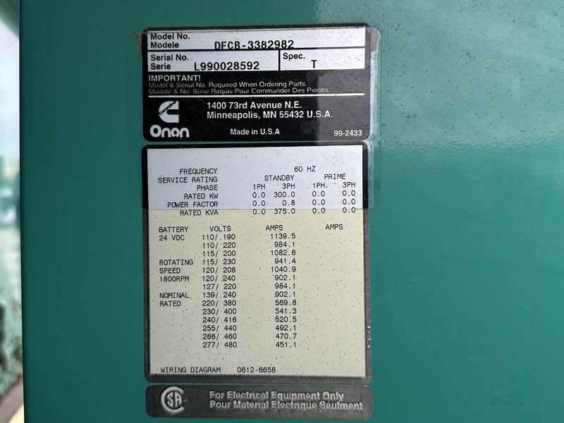 Used Cummins DFCB Diesel Generator, 765 Hrs 