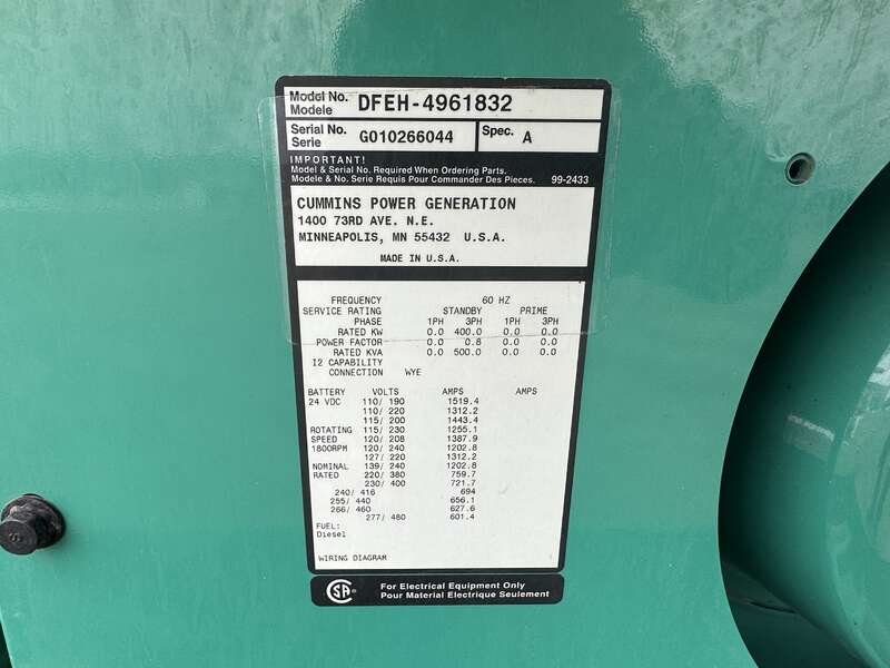 Used Cummins DFEH QSX15-G9 Diesel Generator 83 Hrs                            