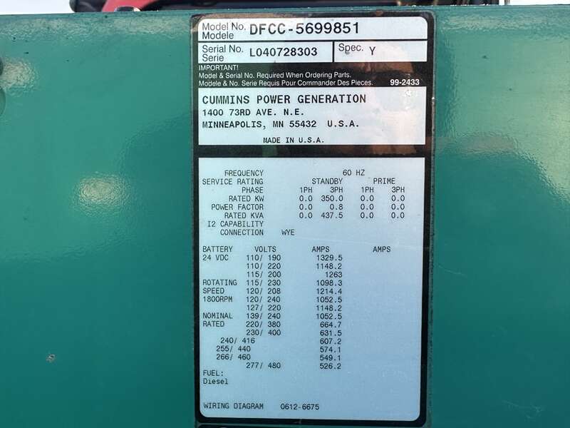 Used Cummins DFCC NTA-855-G3 Diesel Generator, 1047 Hrs 