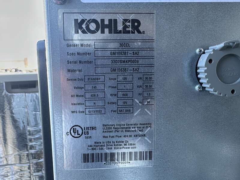 New Kohler 30CCL Natural Gas / Propane Generator 0 Hrs EPA Certified, Single Phase 