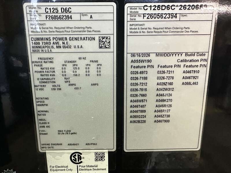 New Cummins C125D6C QSB5-G6 NR3 Diesel Generator, EPA Tier 3                            