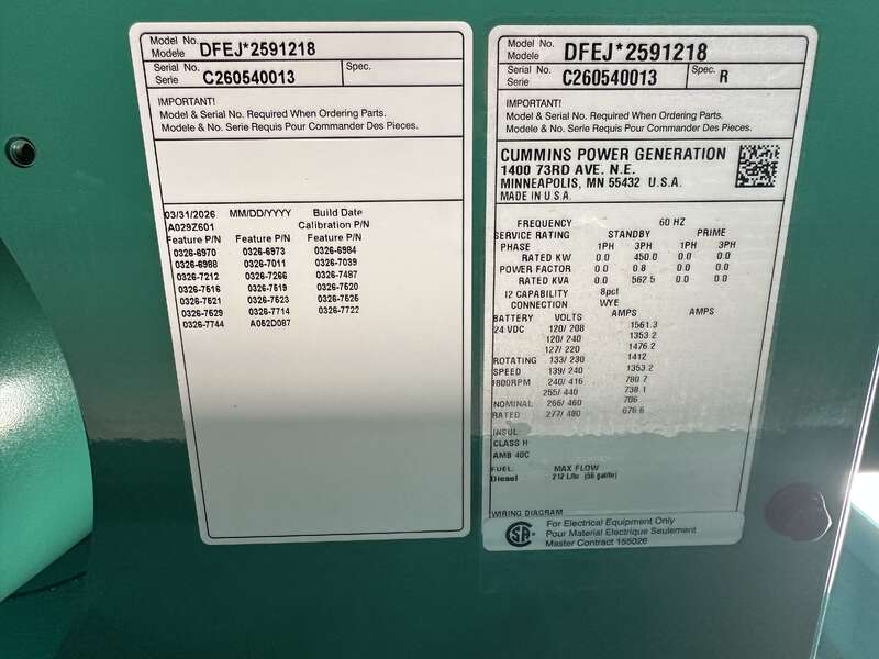 New Cummins DFEJ QSX15-G9 Diesel Generator EPA Tier 2 
