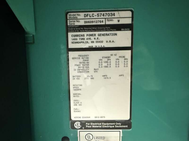 Used Cummins DFLC KTA50-G11 Diesel Generator, 989 Hrs 