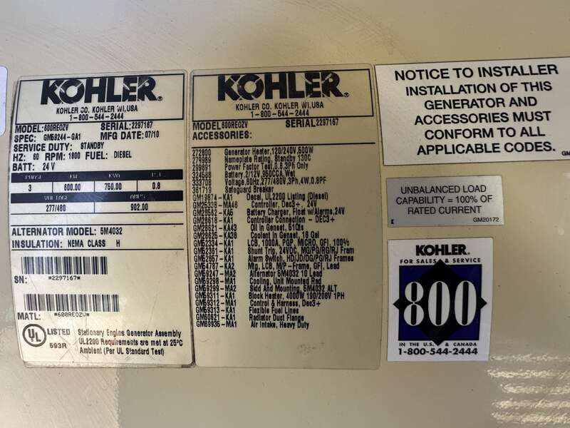 Used Kohler 600REOZV Diesel Generator, 630 Hrs, EPA Tier 2 