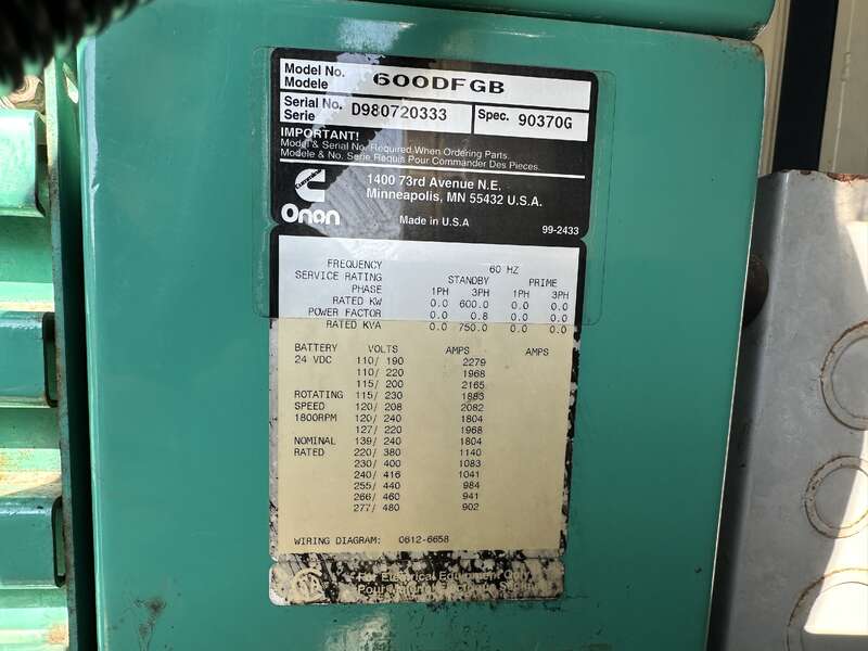 Used Cummins DFGB Diesel Generator, 907 Hrs 