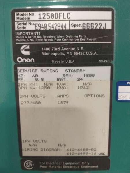 Used Cummins DFLC KTA50-G3 Diesel Generator, 1580 Hrs                            