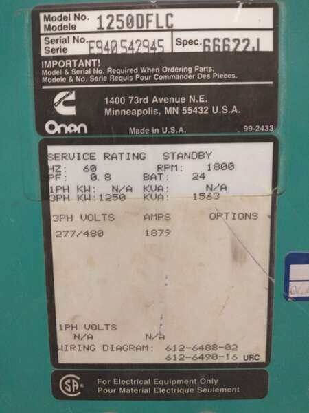 Used Cummins DFLC KTA50-G3 Diesel Generator, 1454 Hrs                            