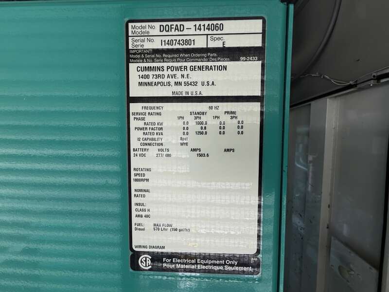 Used Cummins DQFAD QST30-G5 NR2 Diesel Generator, 288 Hrs, EPA Tier 2                            