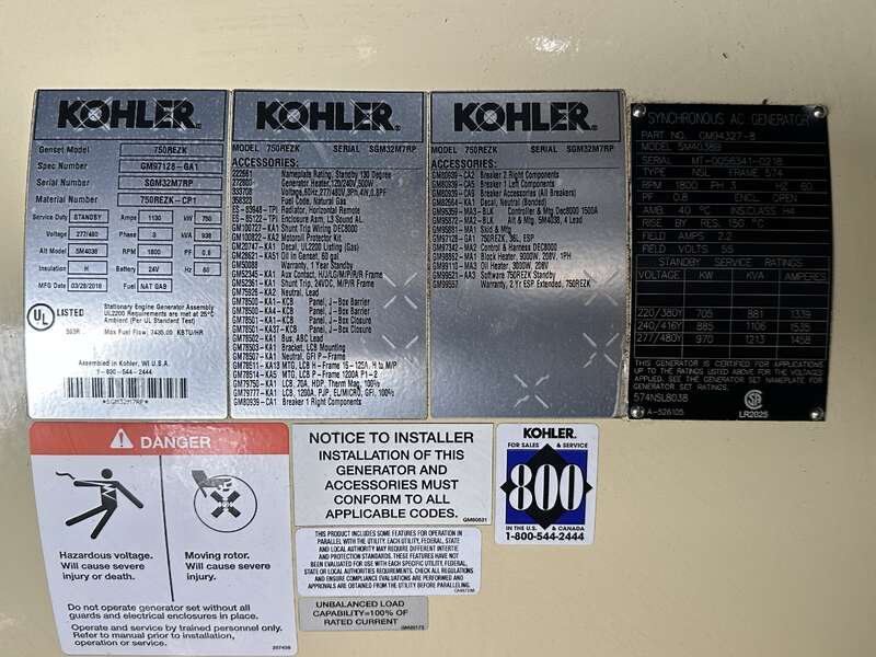 Used Kohler 750REZK Natural Gas Generator, 759 Hrs, EPA Certified 