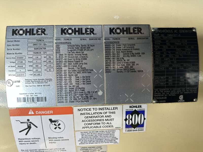 Used Kohler 750REZK Natural Gas Generator, 979 Hrs, EPA Certified 