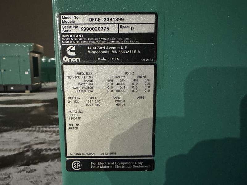 Used Cummins DFCE NTA855-G5 Diesel Generator, 1021 Hrs                            
