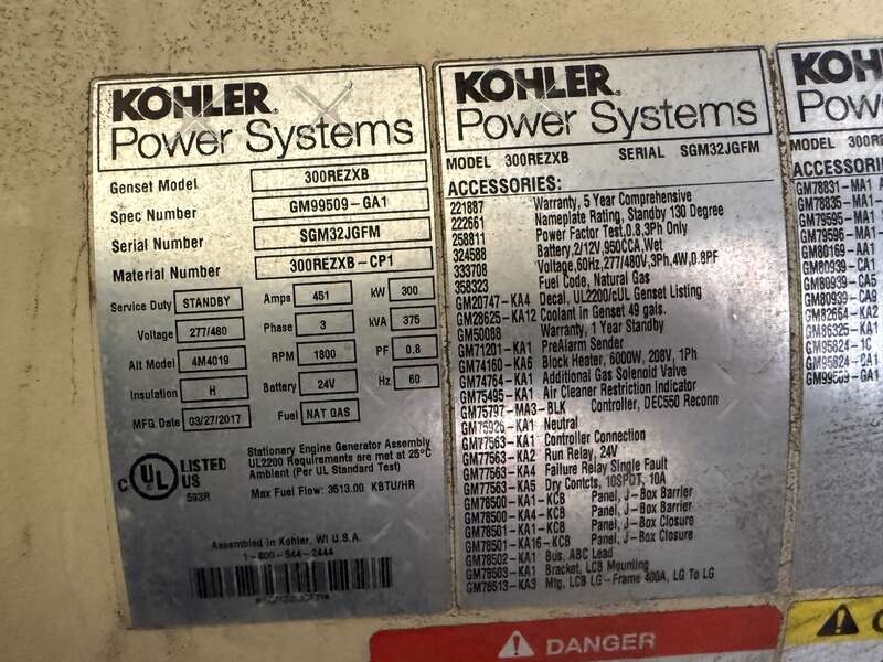 Used Kohler 300REZXB Natural Gas Generator, TBD Hrs, EPA Certified 