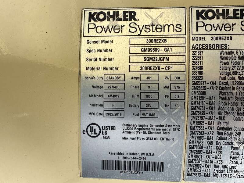 Used Kohler 300REZXB Natural Gas Generator, 546 Hrs, EPA Certified 