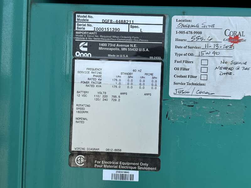 Used Cummins DGFB 6CTA8.3-G2 Diesel Generator, 588 Hrs 