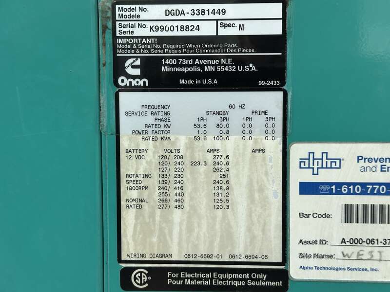 Used Cummins DGDA Diesel Generator, 728 Hrs 