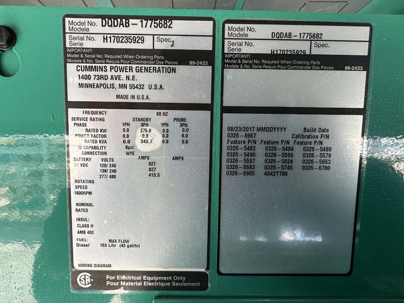 Used Cummins DQDAB QSL9-G3 NR3 Diesel Generator, 256 Hrs, EPA Tier 3 