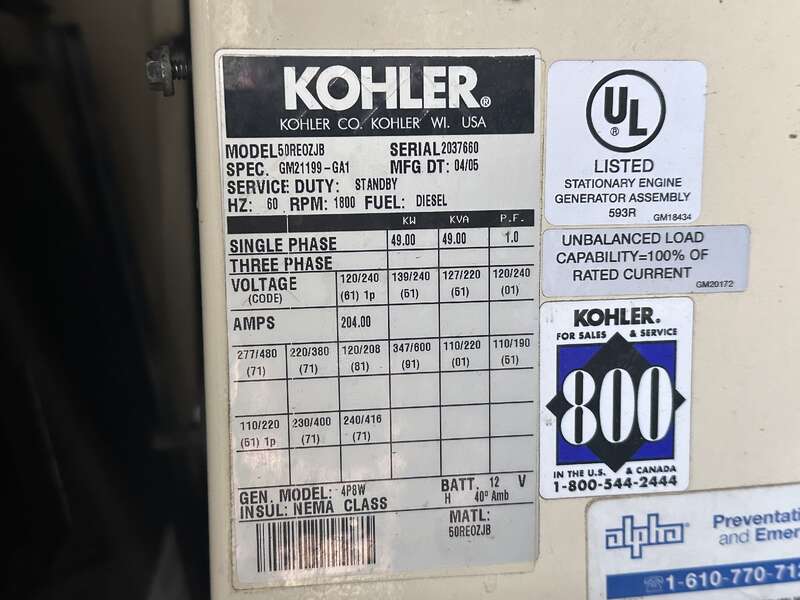 Used Kohler 50REOZJB Diesel Generator, 432 Hrs, 1 or 3 Phase                            