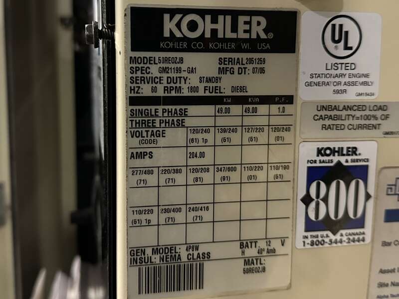 Used Kohler 50REOZJB Diesel Generator, 447 Hrs, 1 or 3 Phase 