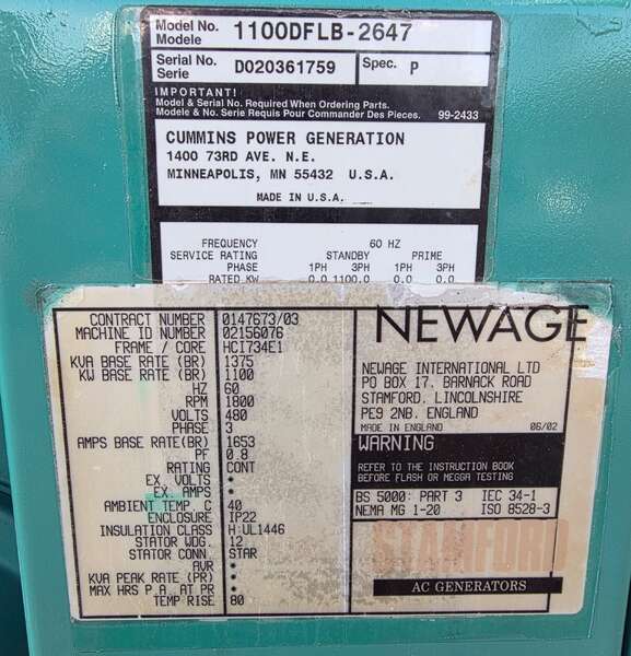 Used Cummins DFLB KTA50-G2 Diesel Generator, 2269 Hrs 