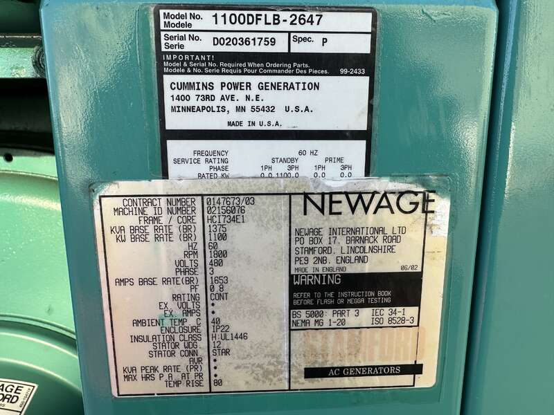 Used Cummins DFLB KTA50-G2 Diesel Generator, 2269 Hrs                            