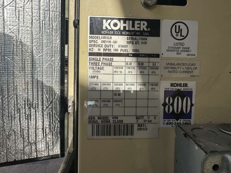 Used Kohler 50REOZJB Diesel Generator, 874 Hrs, 1 or 3 Phase 
