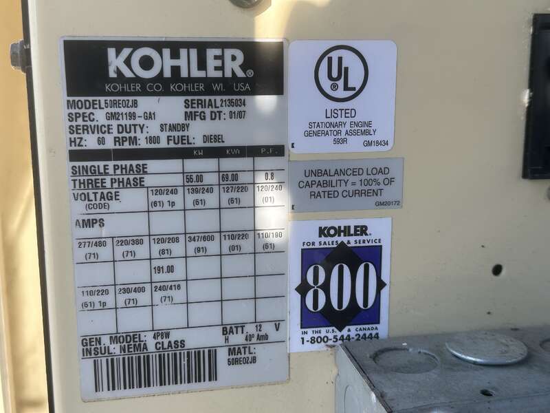 Used Kohler 50REOZJB Diesel Generator, 875 Hrs, 1 or 3 Phase 