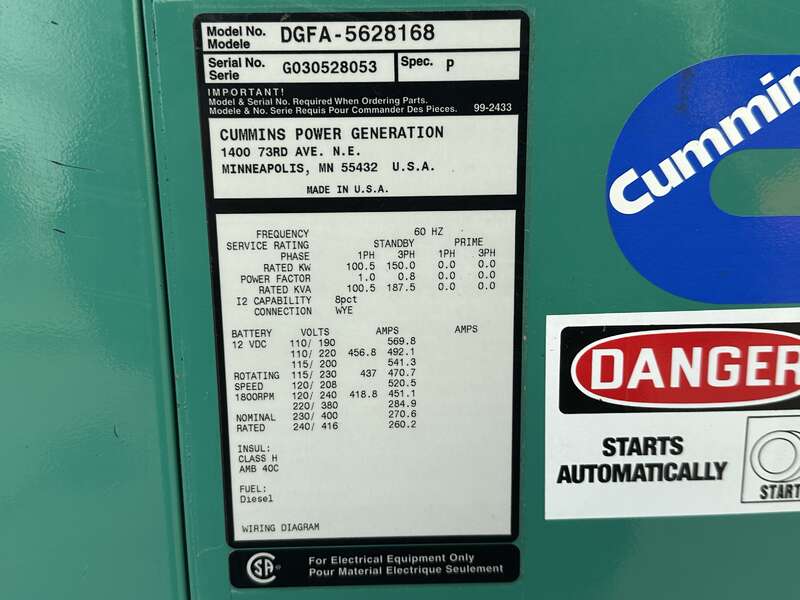 Used Cummins DGFA Diesel Generator, 13786 Hrs 