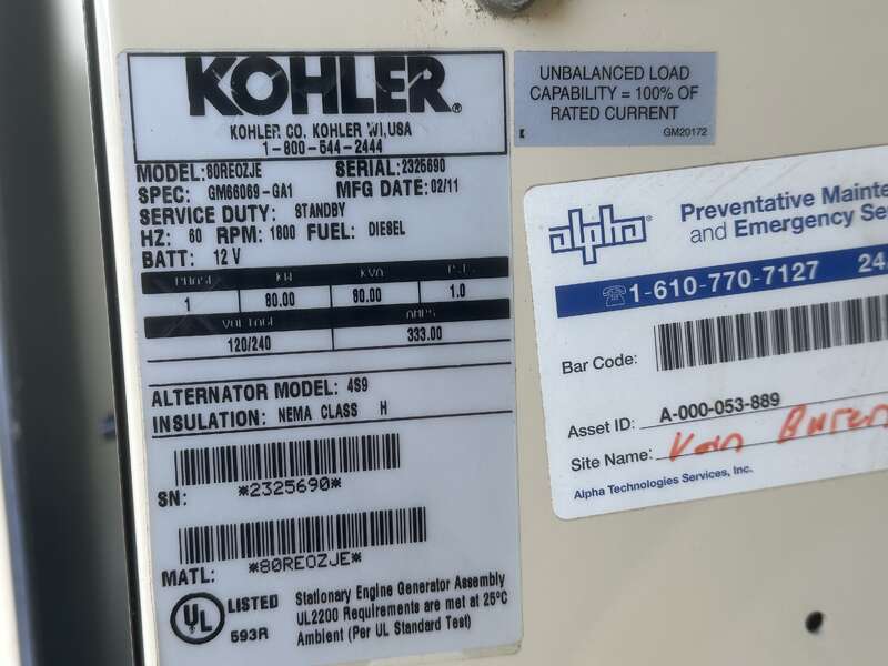 Used Kohler 80REOZJE Diesel Generator, 312 Hrs, EPA Tier 3, Single Phase 