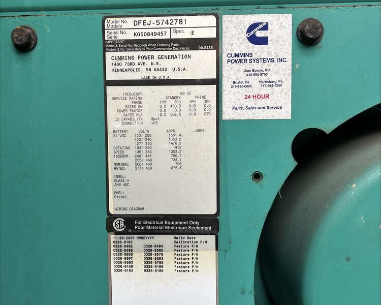 Used Cummins DFEJ QSX15-G9 NR2 Diesel Generator 890 Hrs EPA Tier 2 