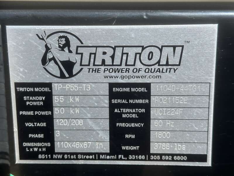 Used Triton / Perkins 55 kW Diesel Generator 42 Hrs, EPA Tier 3 