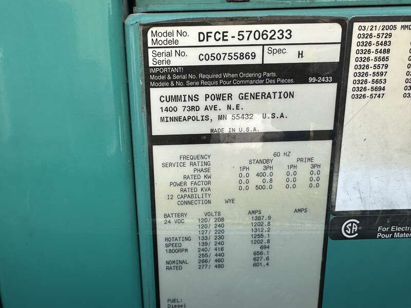 Used Cummins DFCE NTA855-G5 Diesel Generator, 508 Hrs                            