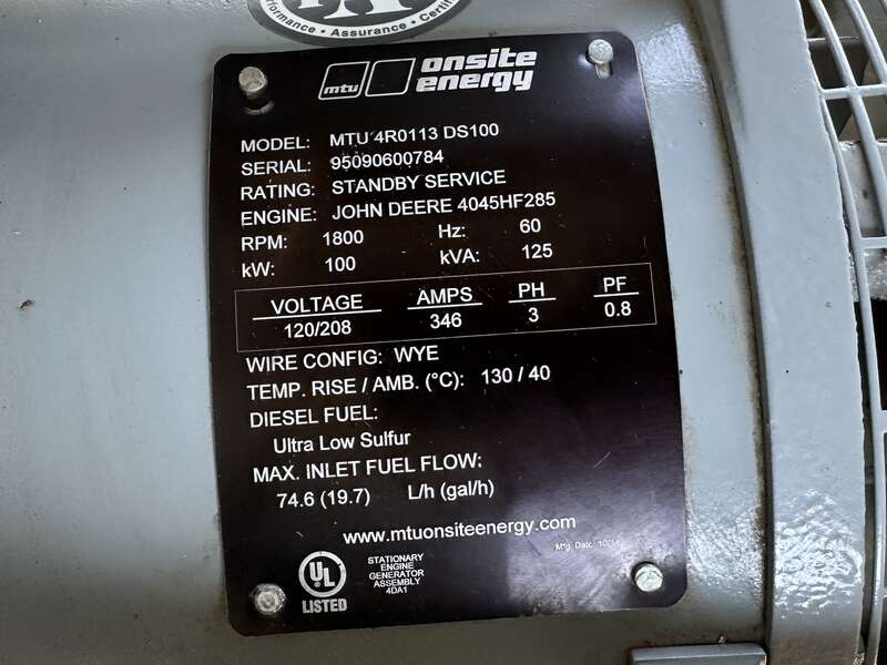 Used MTU DS100 John Deere 4045HF285 Diesel Generator, 97 Hrs, EPA Tier 3                            