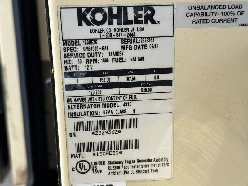Used Kohler 150REZG Natural Gas / Propane Generator, 491 Hrs                            