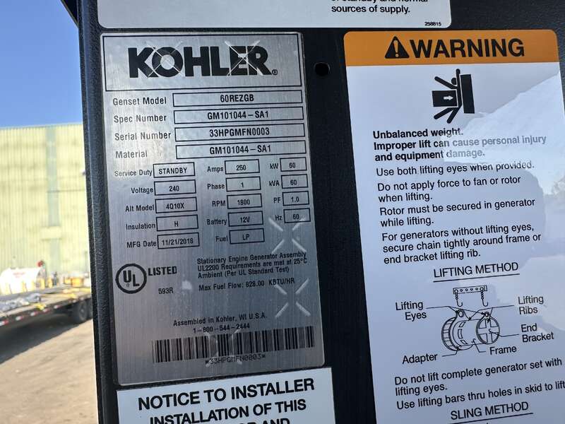 New / Surplus Kohler 60REZGB Natural Gas / LP Generator, 0 Hrs - 1 or 3 Phase                            