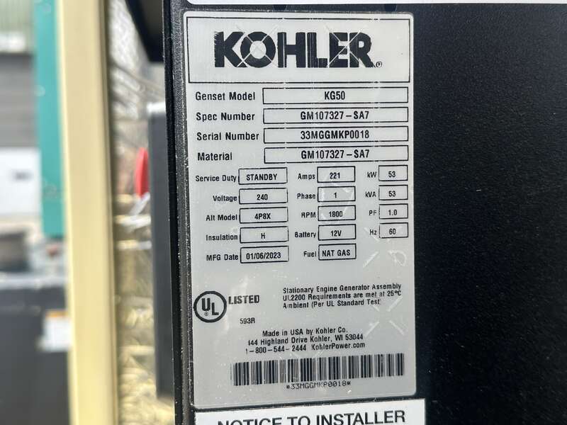 New / Surplus Kohler KG50 Natural Gas / Propane Generator, 0 Hrs - 1 or 3 Phase                            