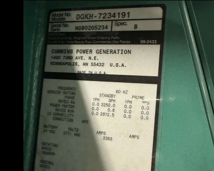Used Cummins DQKH GSK60-G9 Diesel Generator, 748 Hrs                            