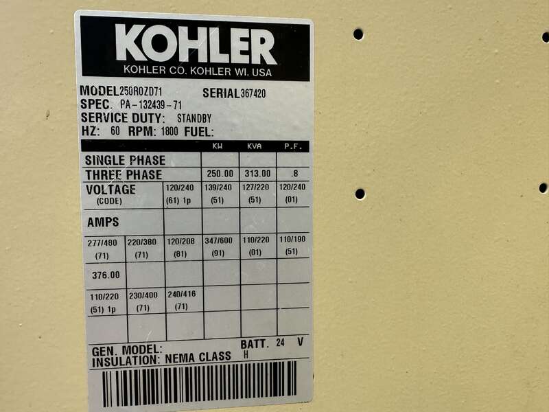 Used  Kohler 250R0ZD71 Diesel Generator, 237 Hrs                            