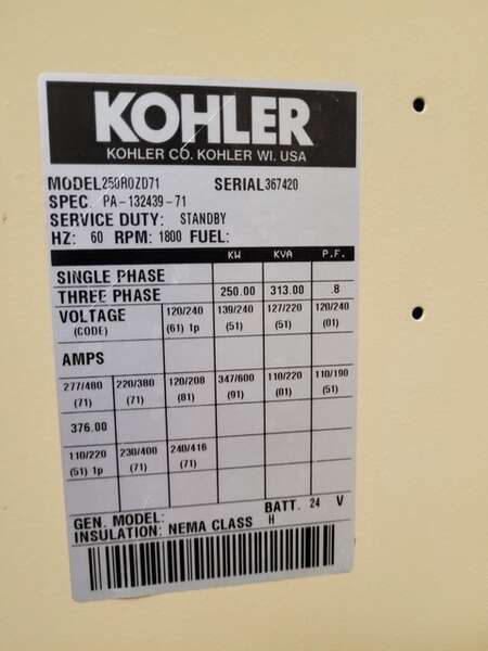 Used  Kohler 250R0ZD71 Diesel Generator, 736 Hrs                            