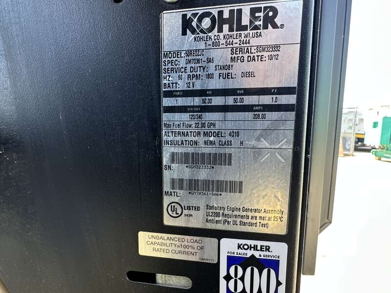 Used Kohler 50REOZJC 4024HF285 Diesel Generator, 287 Hrs, EPA Tier 3, Single Phase                            
