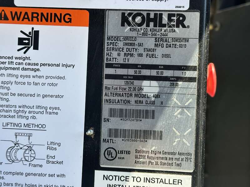 Used Kohler 50REOZJD 4024HF285 Diesel Generator, 330 Hrs, EPA Tier 3, Single Phase                            