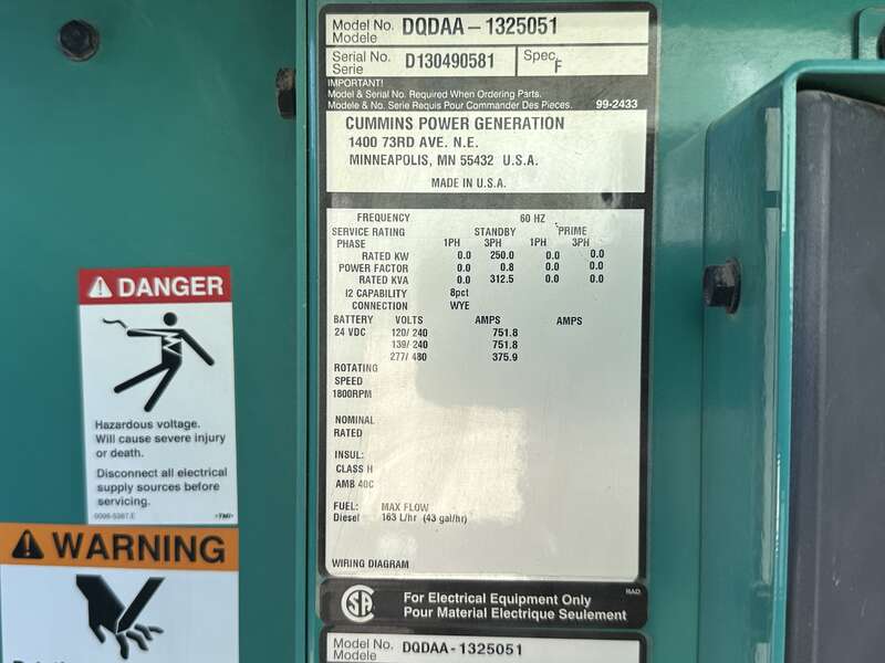 Used Cummins DQDAA QSL9-G3 NR3 Diesel Generator, 85 Hrs, EPA Tier 3                            