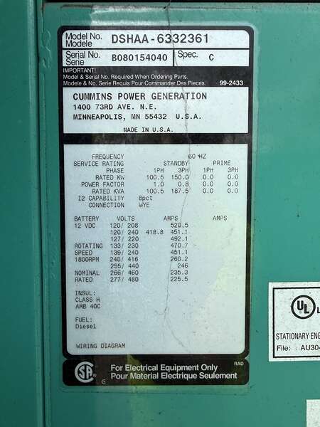 Used Cummins DSHAA QSL9-G2 Diesel Generator, 497 Hrs, EPA Tier 3                            
