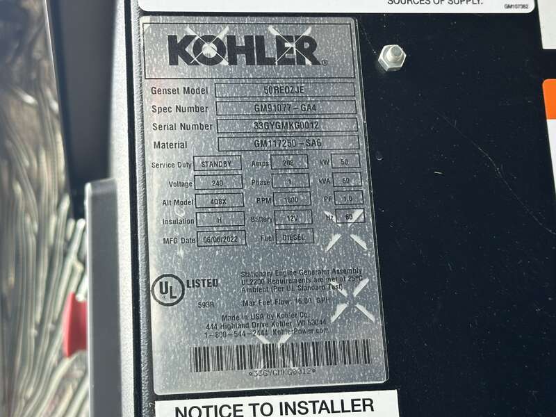 New Kohler 50REOZJE Diesel Generator, 0 Hrs, EPA Tier 3, Single Phase                            