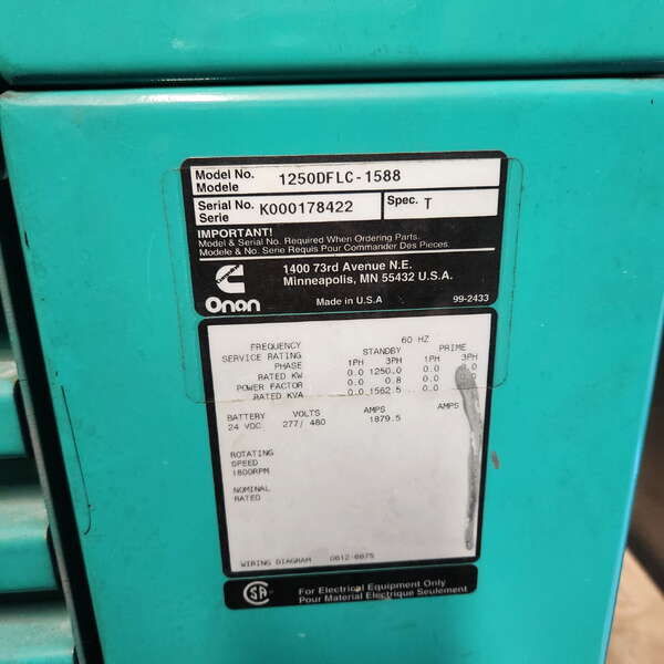 Used Cummins DFLC KTA50-G3 Diesel Generator, TBD Hrs                            