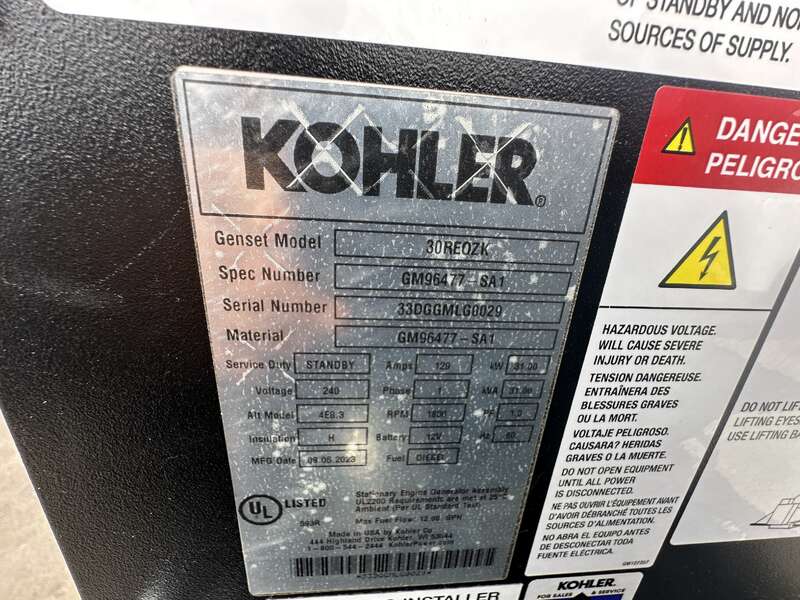 New / Surplus Kohler 30REOZK Diesel Generator, 0 Hrs, EPA Tier 3, Single Phase                            