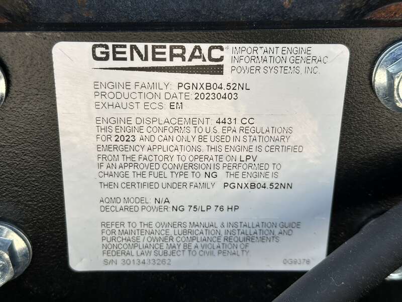 New / Surplus Generac SG050NA Natural Gas / LP Generator, 0 Hrs, EPA Certified - 1 or 3 Phase                            