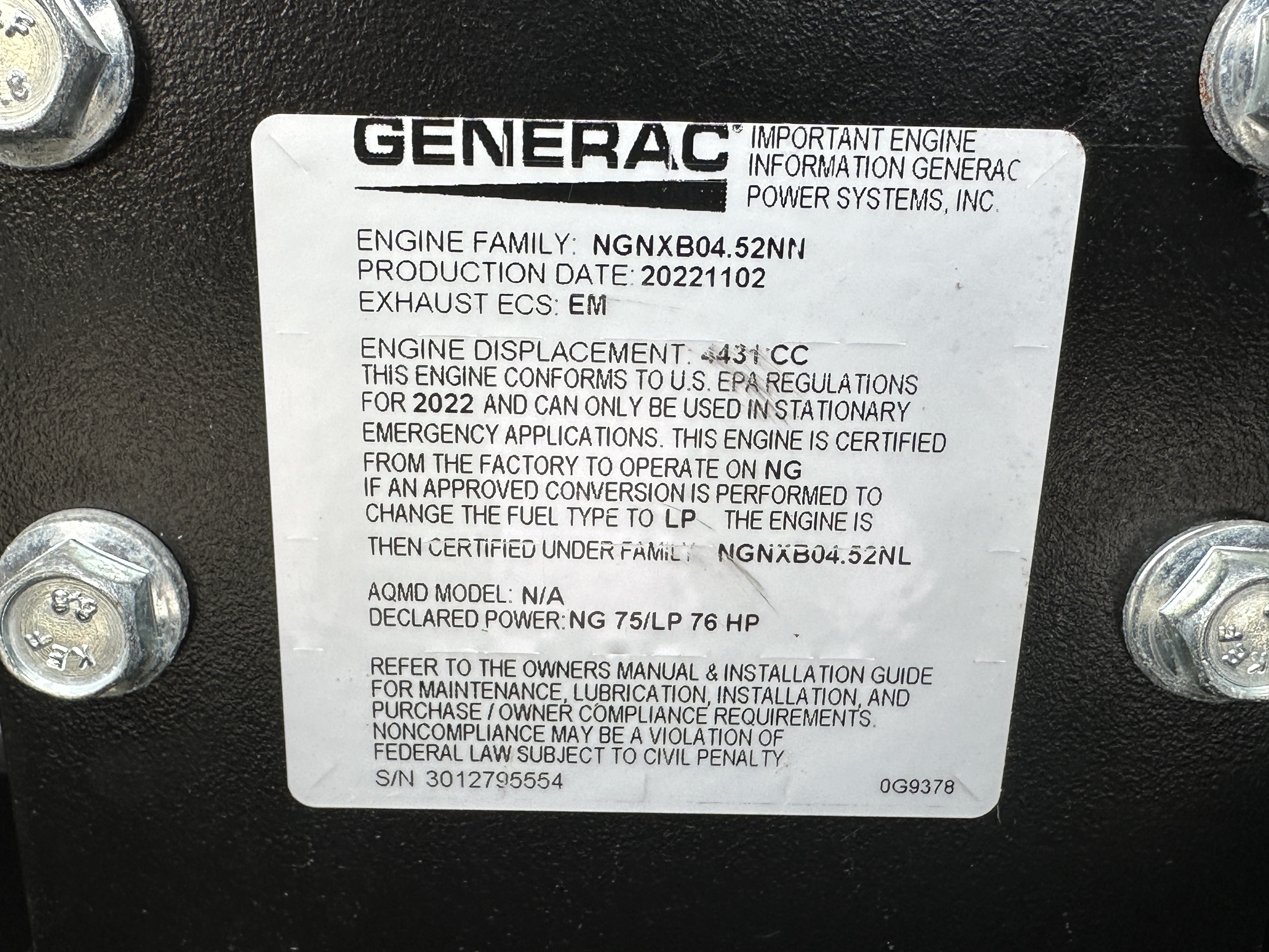 New / Surplus Generac SG050NA Natural Gas / LP Generator | 0 Hrs