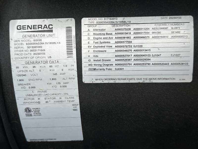 New / Surplus Generac SG035 Natural Gas / LP Generator, 0 Hrs, EPA Certified                            