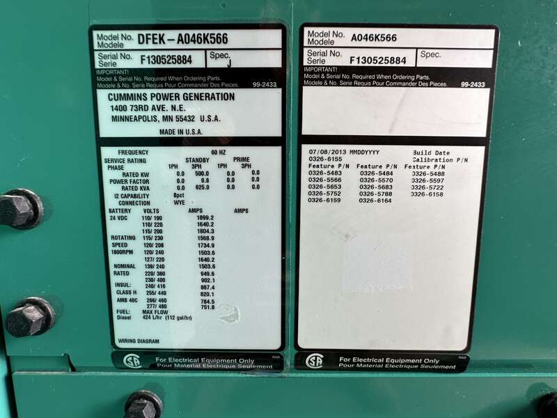 Used Cummins DFEK QSX15-G9 Diesel Generator, 82 Hrs, EPA Tier 2                            