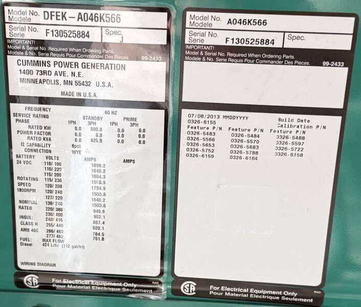Used Cummins DFEK QSX15-G9 Diesel Generator, 81 Hrs, EPA Tier 2                            